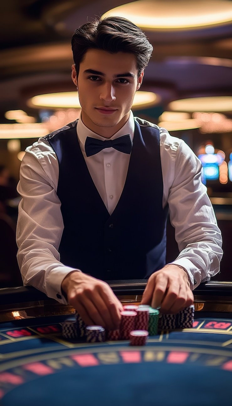 Tampilan meja blackjack live dengan dealer dan peserta bermain secara real-time